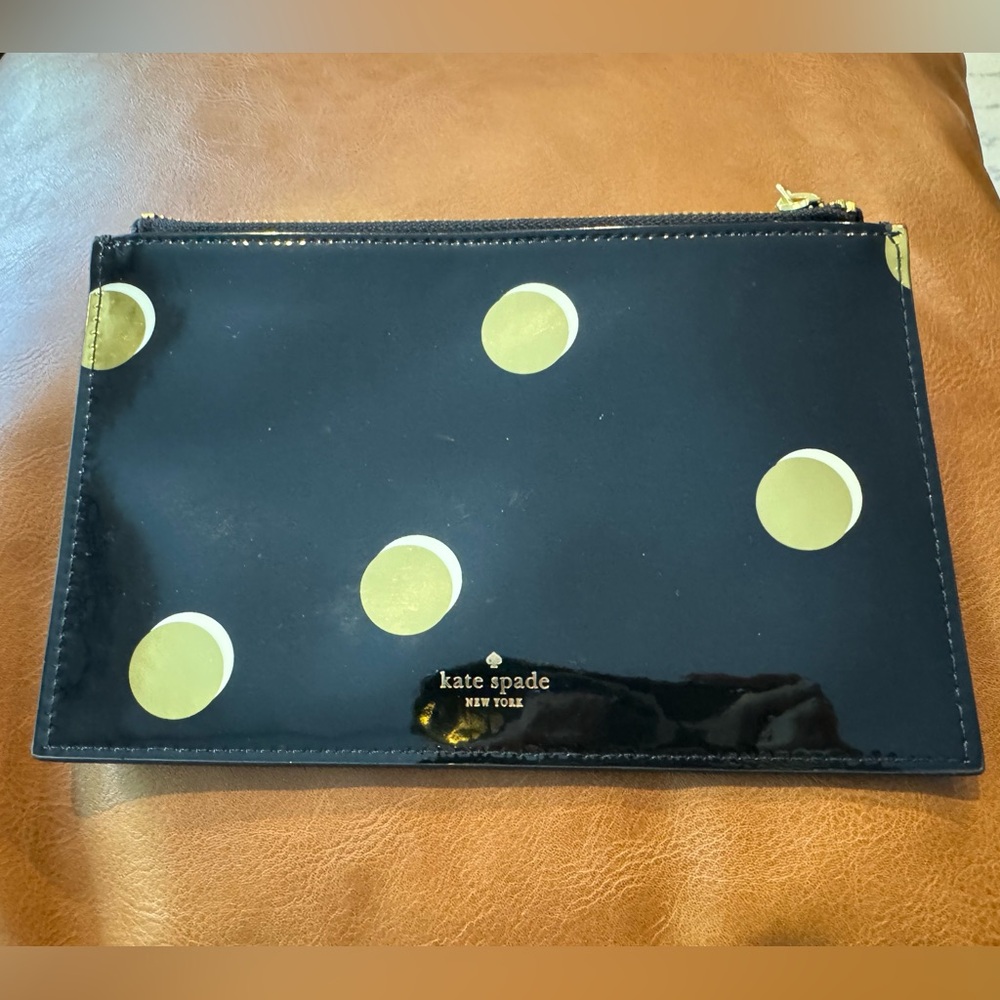 Kate Spade New York Pencil Pouch Black/Gold Patent Leather Scatter Dot + BONUS